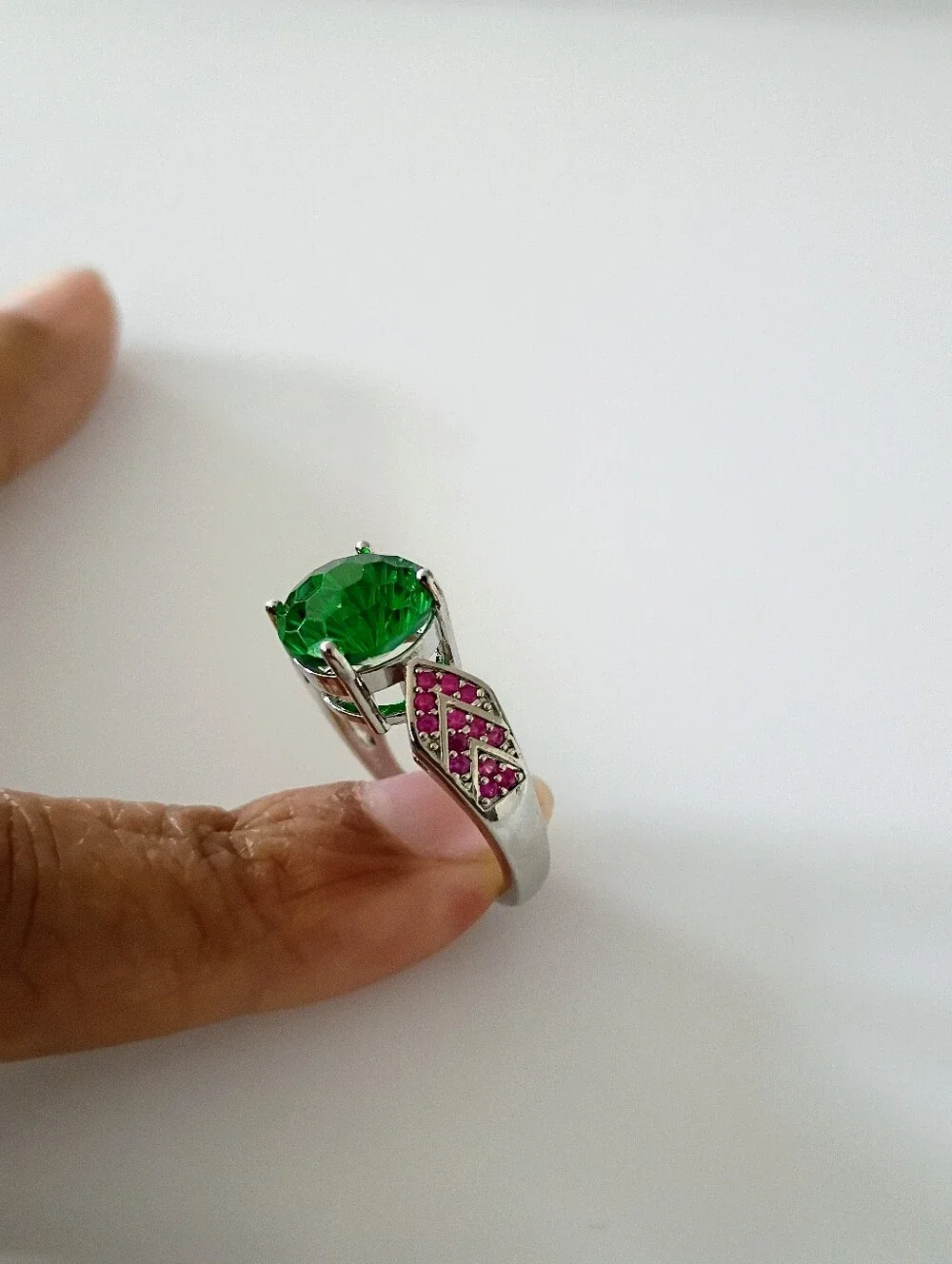 New Green Rose Cut Solitaire Ring with Pink Accents -